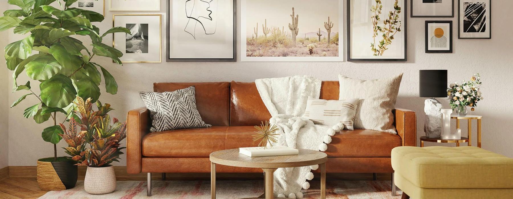 a living room with a couch and a table