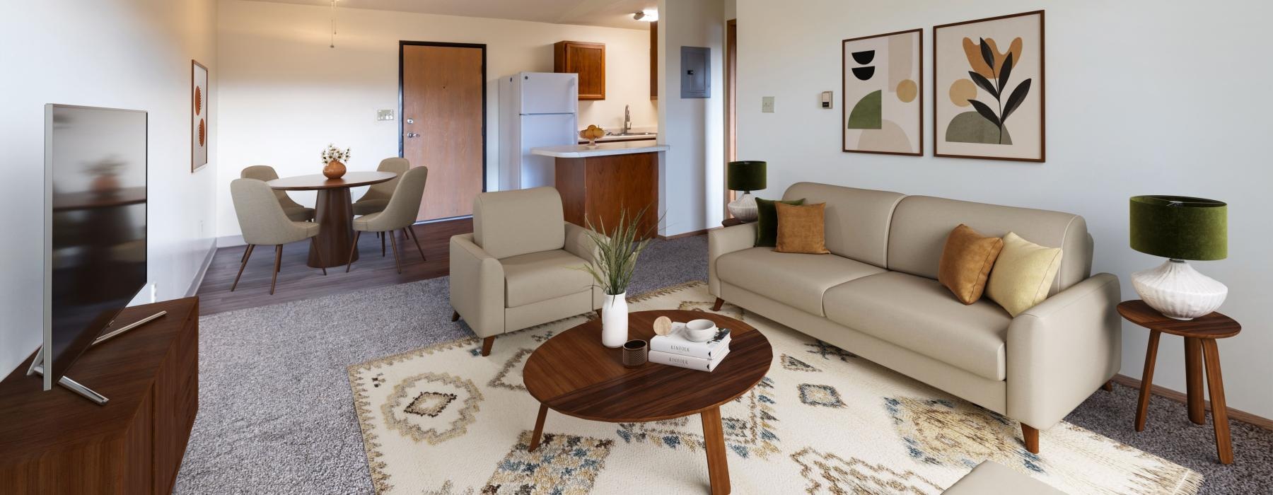 a living room with a large rug